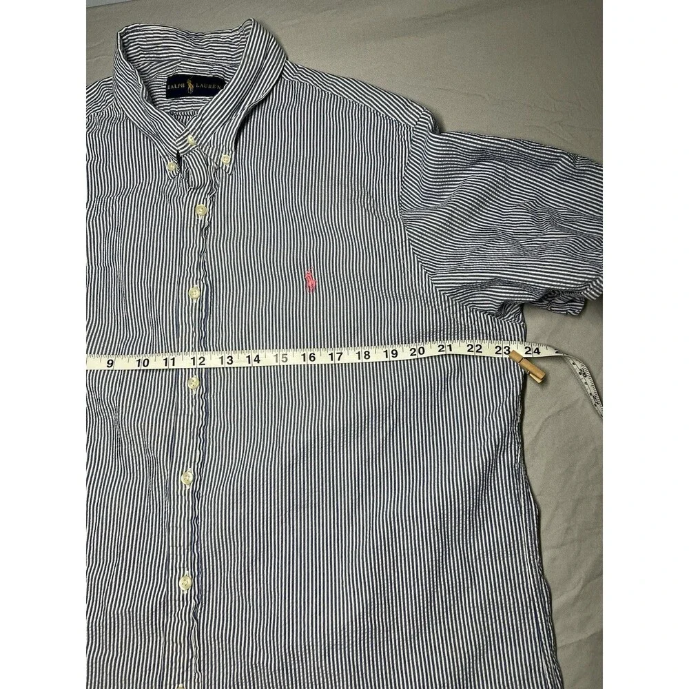 Ralph Lauren Shirt Mens XL‎ Blue White Stripe Seersucker Short Sleeve Pink Pony